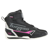 Baskets Moto Femme Homologuées CE | Furygan™ V5 D3O® Lady Noir Blanc Rose — vue trois quarts