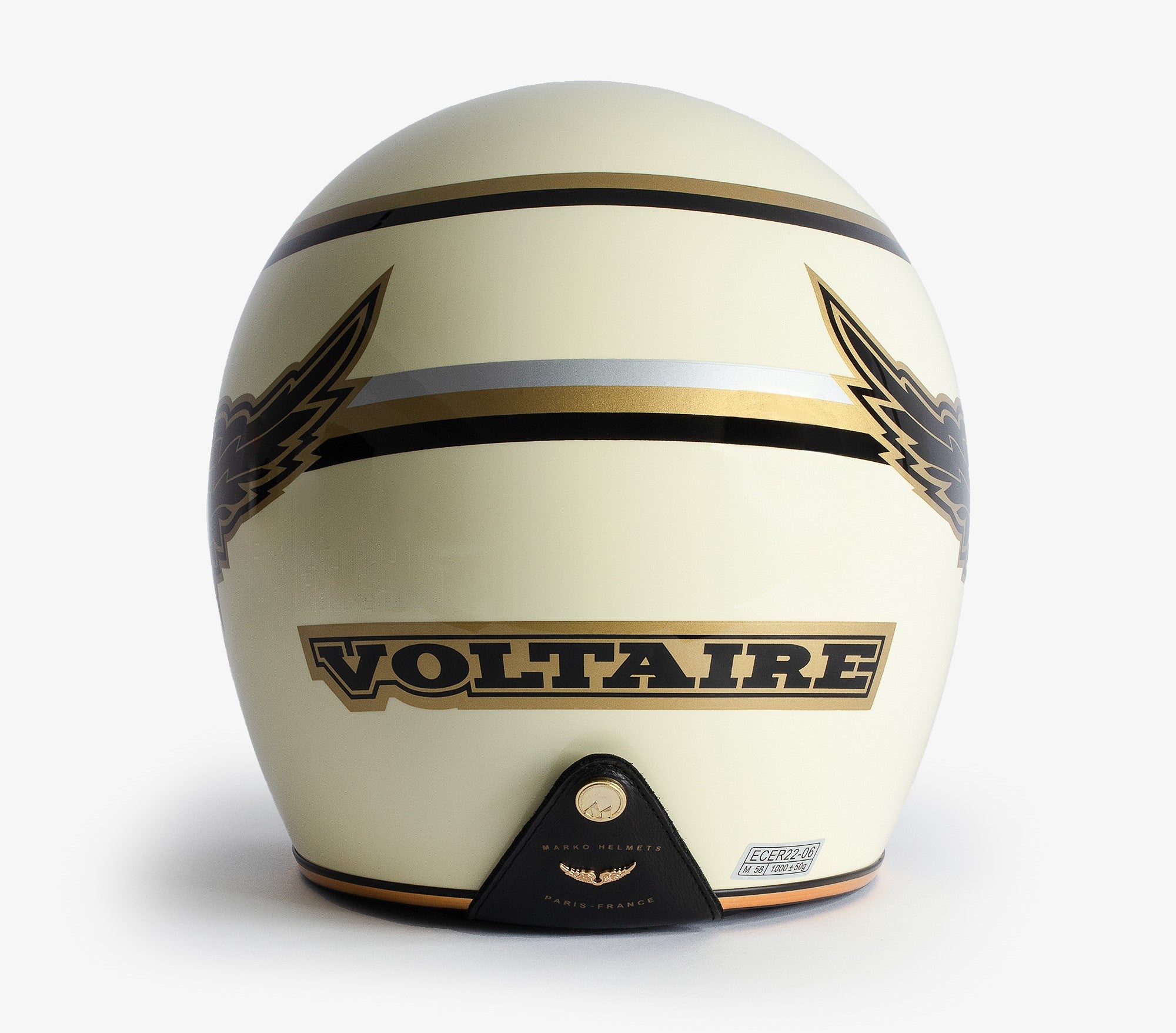 Casque jet néo-rétro crème vu de l'arrière, inscription VOLTAIRE et étiquette Mârkö ECE 22-06