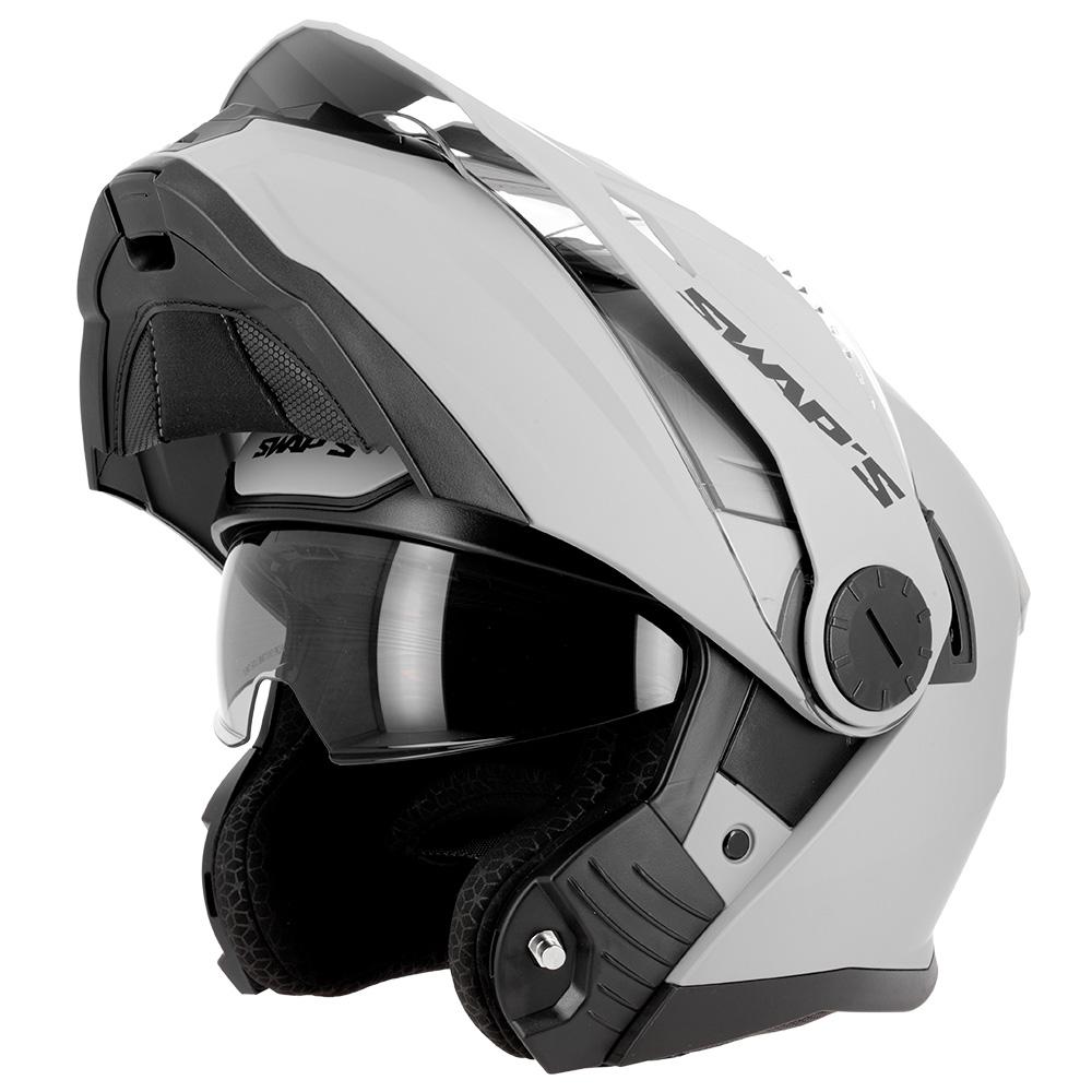 Casque trail modulable S791 Dune gris mat — vue trois-quarts avant, mentonnière relevée