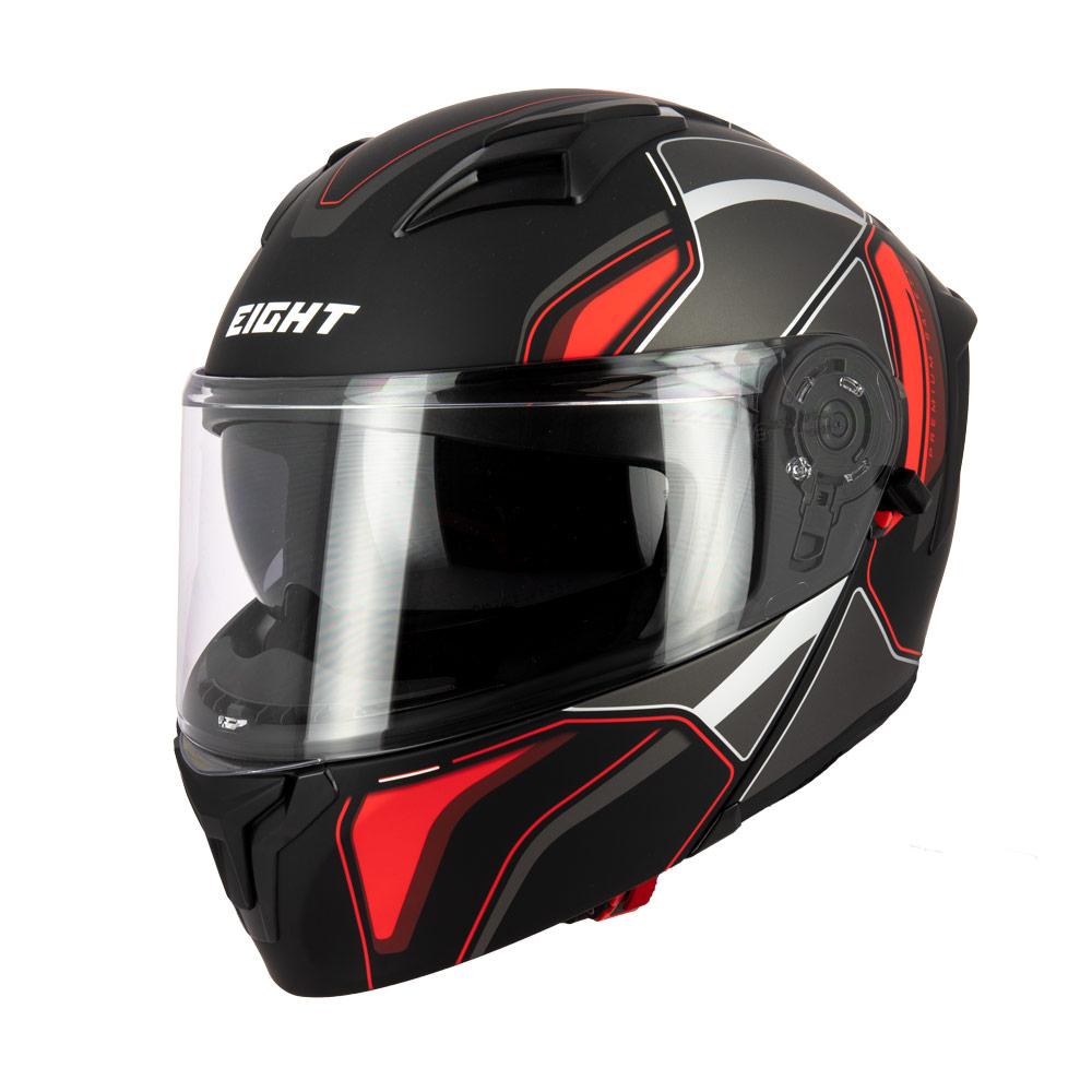 Casque modulable S551 Dual Face noir rouge — vue trois-quarts avant, mentonnière fermée