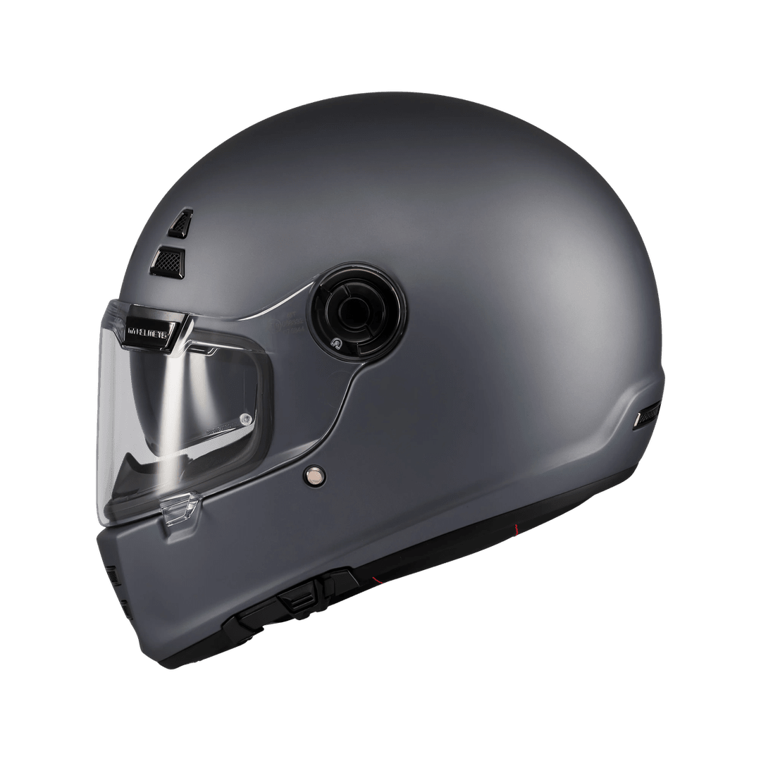 Casque intégral MT café racer gris mat de profil, silhouette arrondie et écran solaire