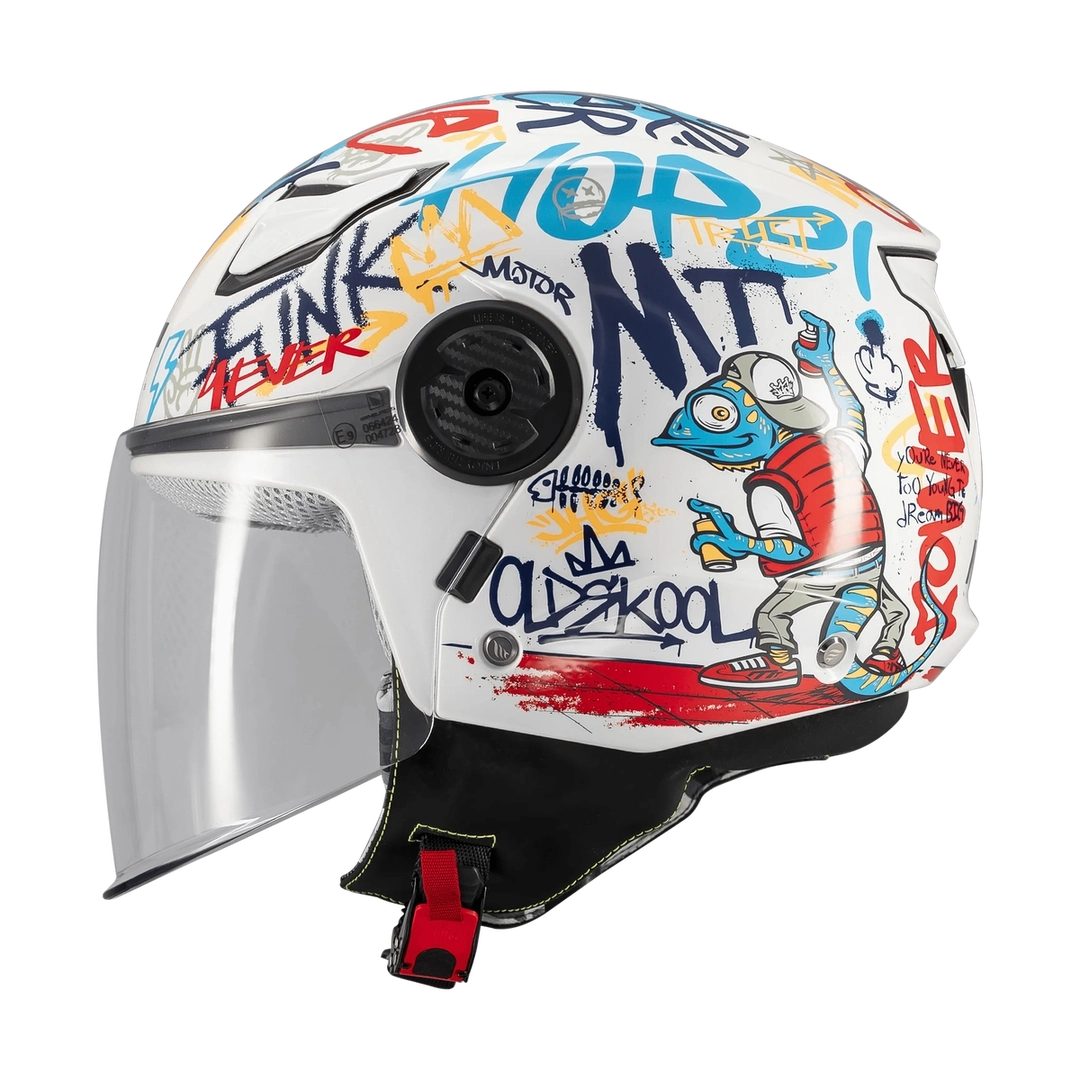 Casque jet enfant MT Lite Crew de profil, graphisme graffiti coloré et visière relevée