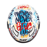 Casque jet enfant MT Lite Crew vu du dessus, inscription Never Never Give Up et aérations