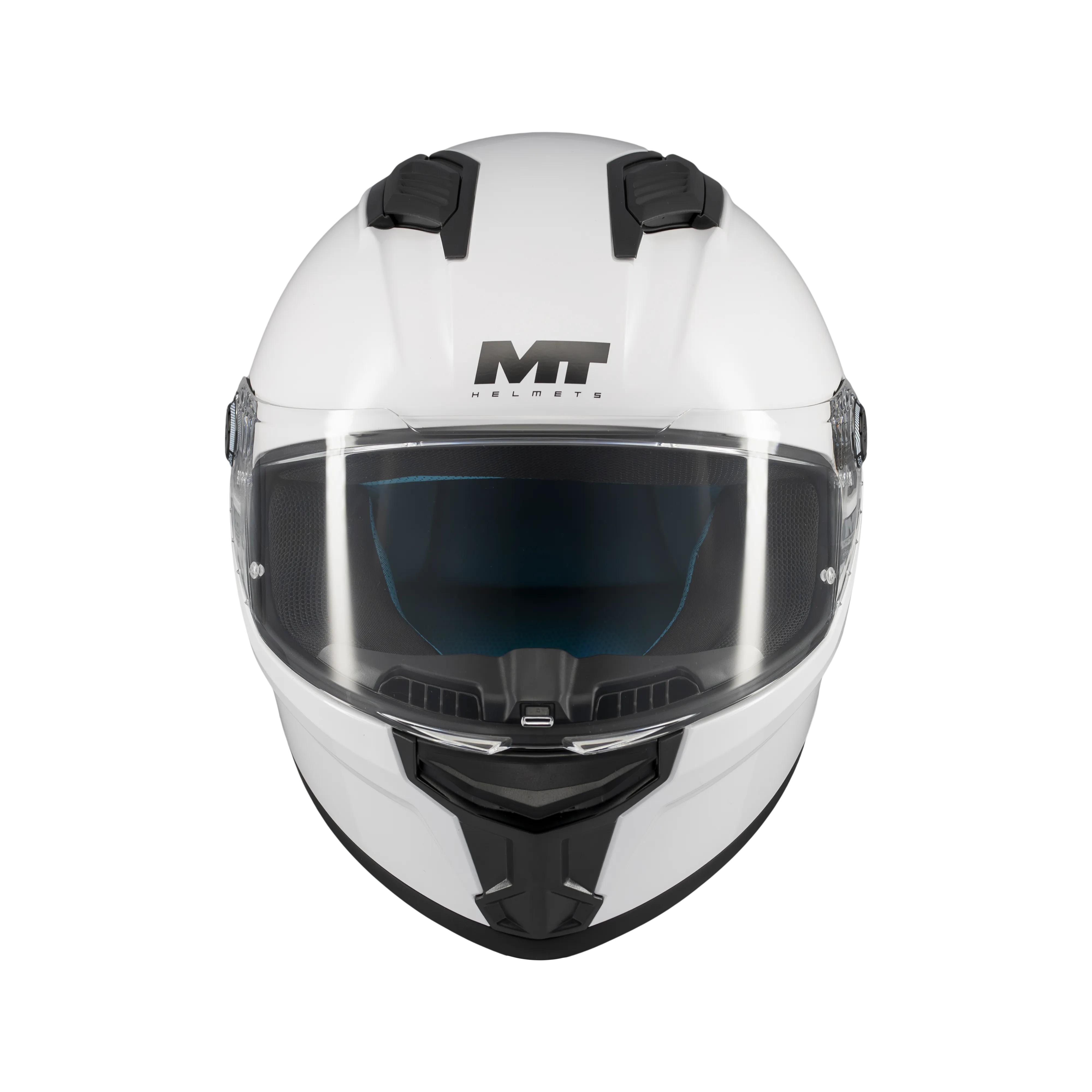 Casque intégral moto MT Stinger 2 blanc nacré vue de face visière relevée