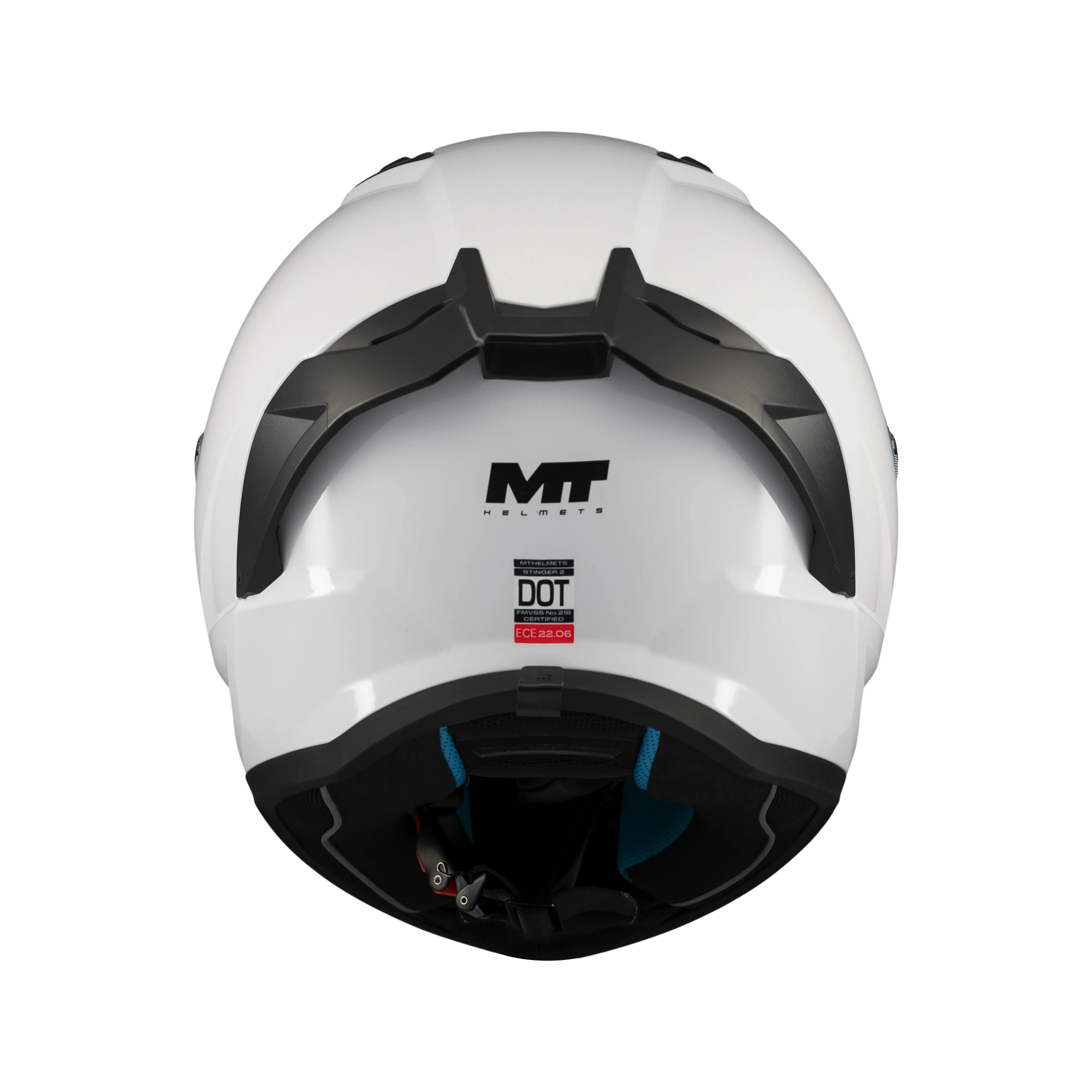 Casque intégral moto blanc vue arrière jugulaire et mousses intérieures Stinger 2