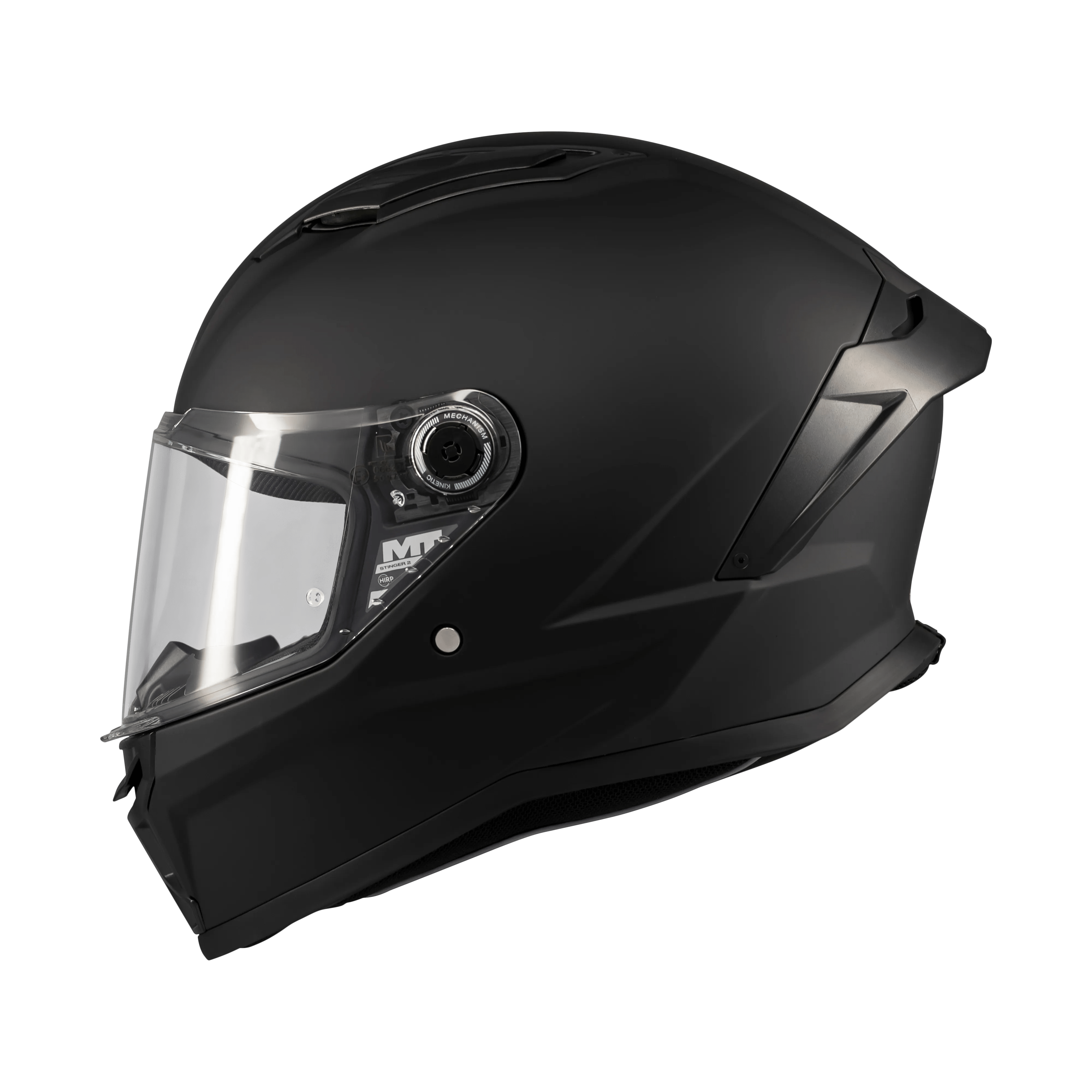 Casque intégral moto MT Stinger 2 noir mat vue de profil gauche visière relevée