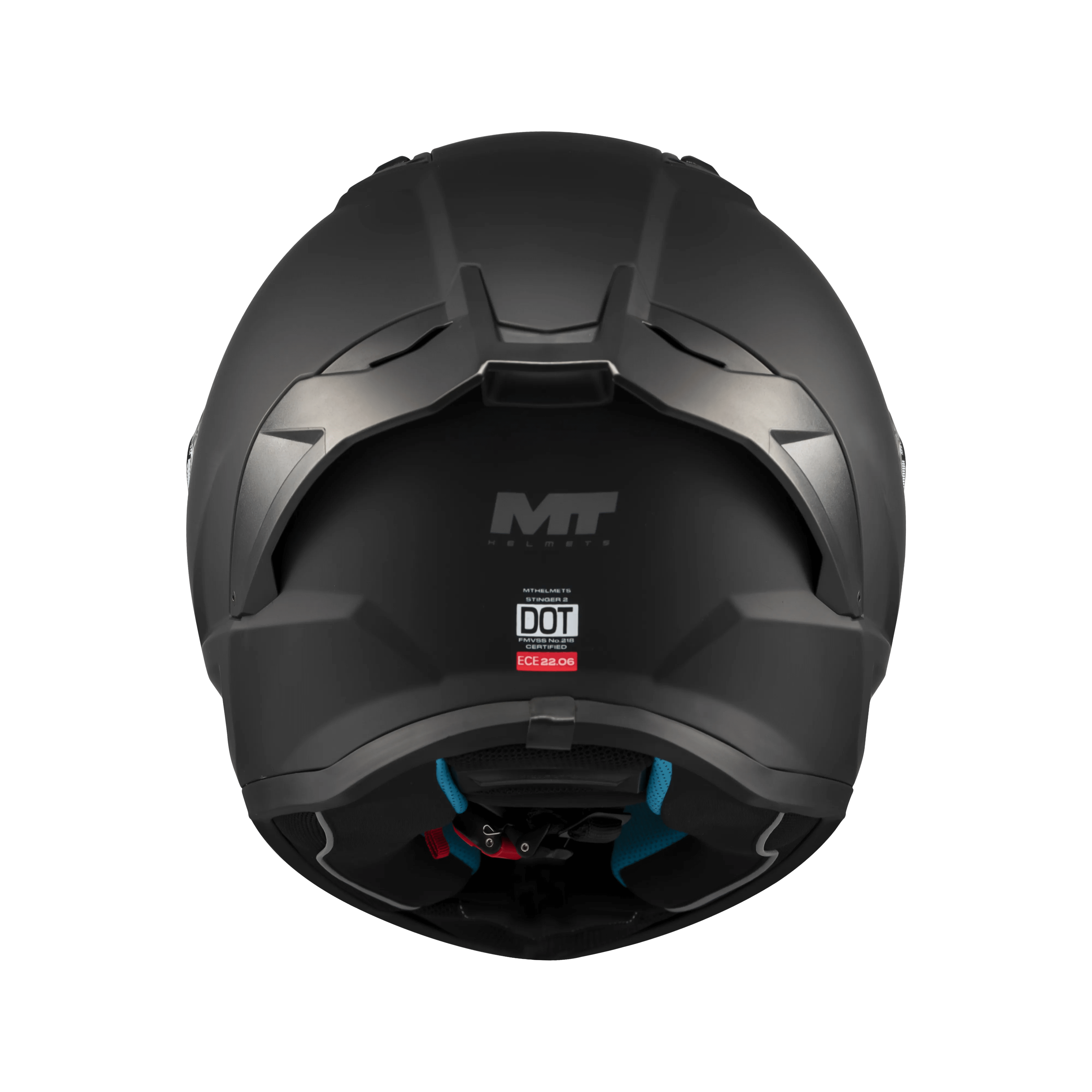 Casque intégral MT Stinger 2 noir mat vue arrière jugulaire et mousses intérieures