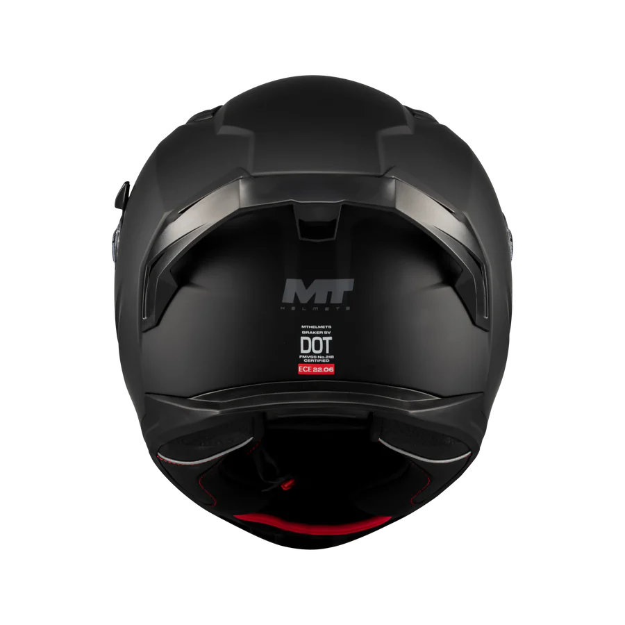 Casque intégral MT Braker SV noir mat de dos, homologation ECE 22-06 et DOT