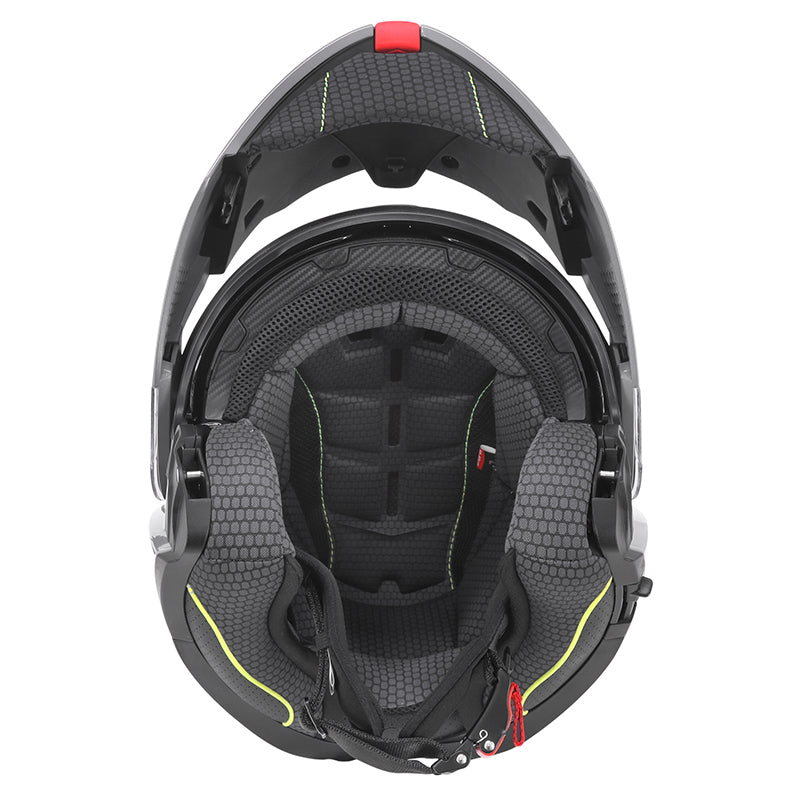 Casque modulable ADX AM600 Gris Brillant — vue de face, mentonnière relevée, intérieur du casque