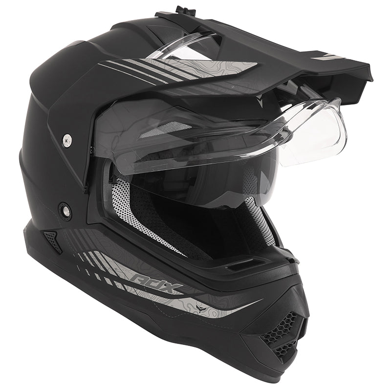 Casque cross/trail ADX AC900 Noir/Argent Mat — écran relevé sous la visière, pare-soleil intégré abaissé