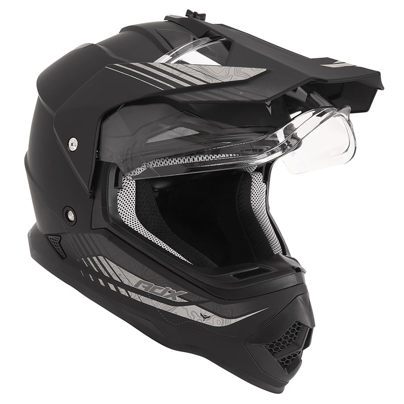 Casque cross/trail ADX AC900 Noir/Argent Mat — écran et pare-soleil relevés