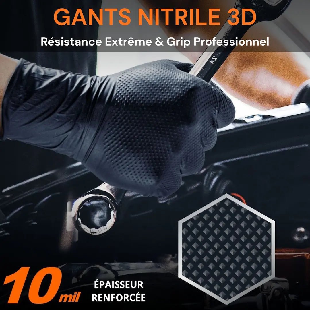 Gants Nitrile Noir ultra résistant – 8 Mil, Texture Diamant, Jetables - LE PRATIQUE DU MOTARD