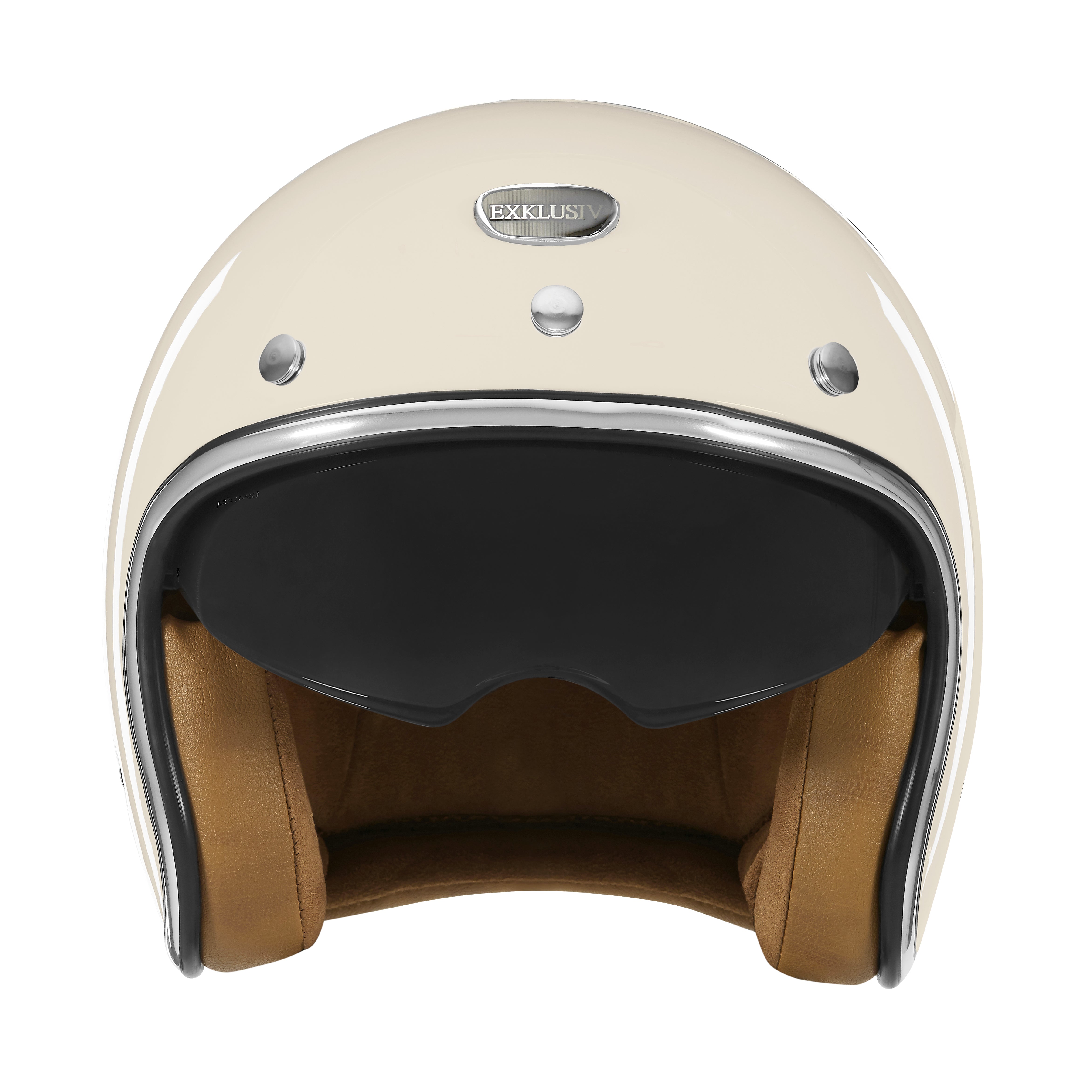 Casque jet à visière solaire crème de face, écran fumé baissé et intérieur cuir camel
