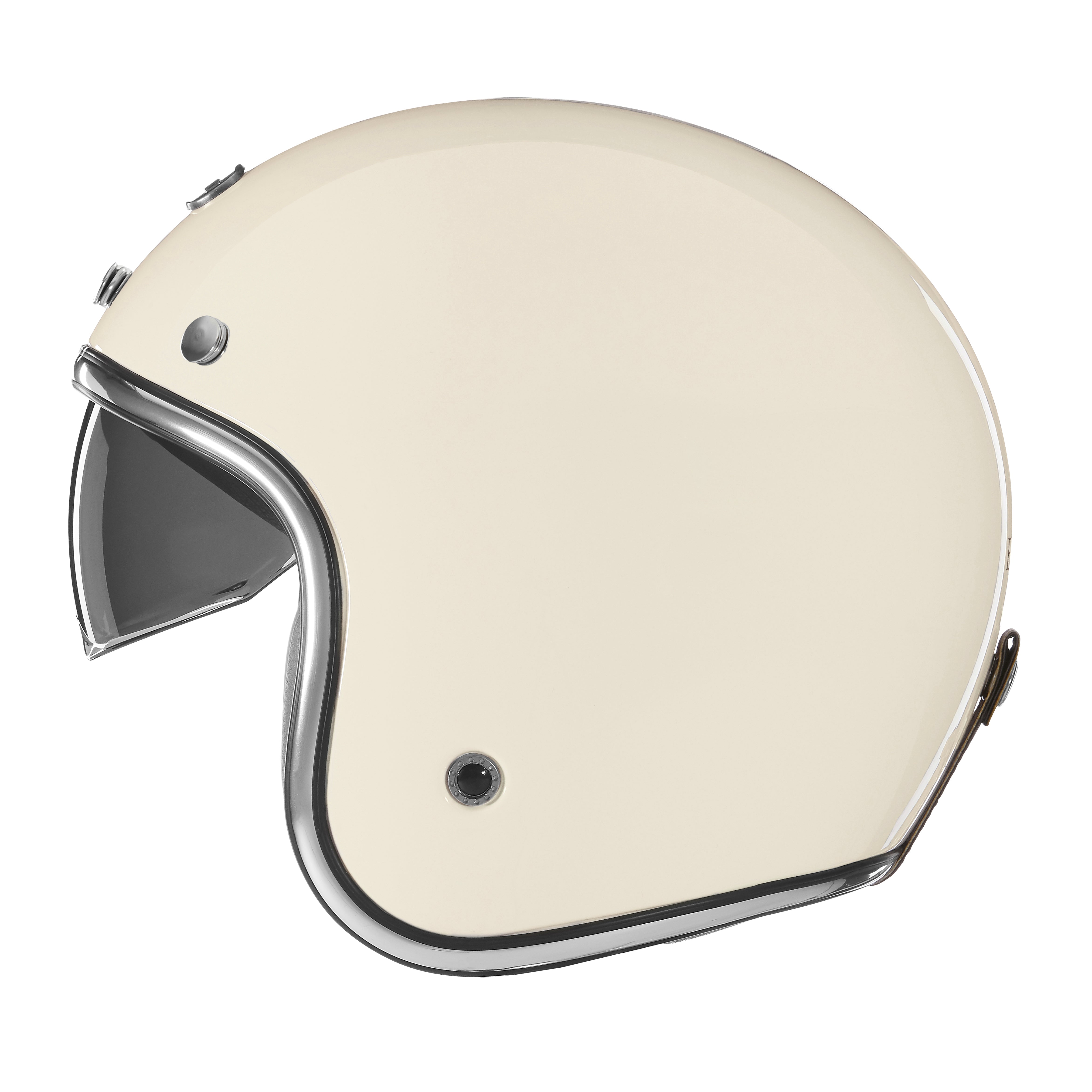 Casque jet vintage crème de profil, écran solaire relevé et jonc chromé