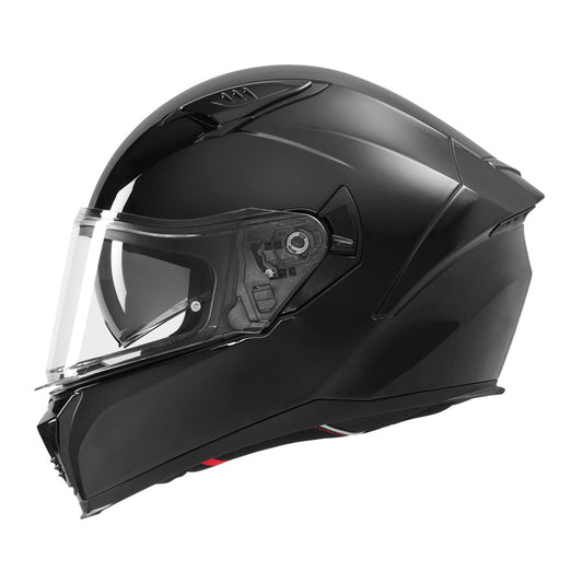 Profil du casque intégral moto NOX N402 noir brillant, mécanisme et ventilations