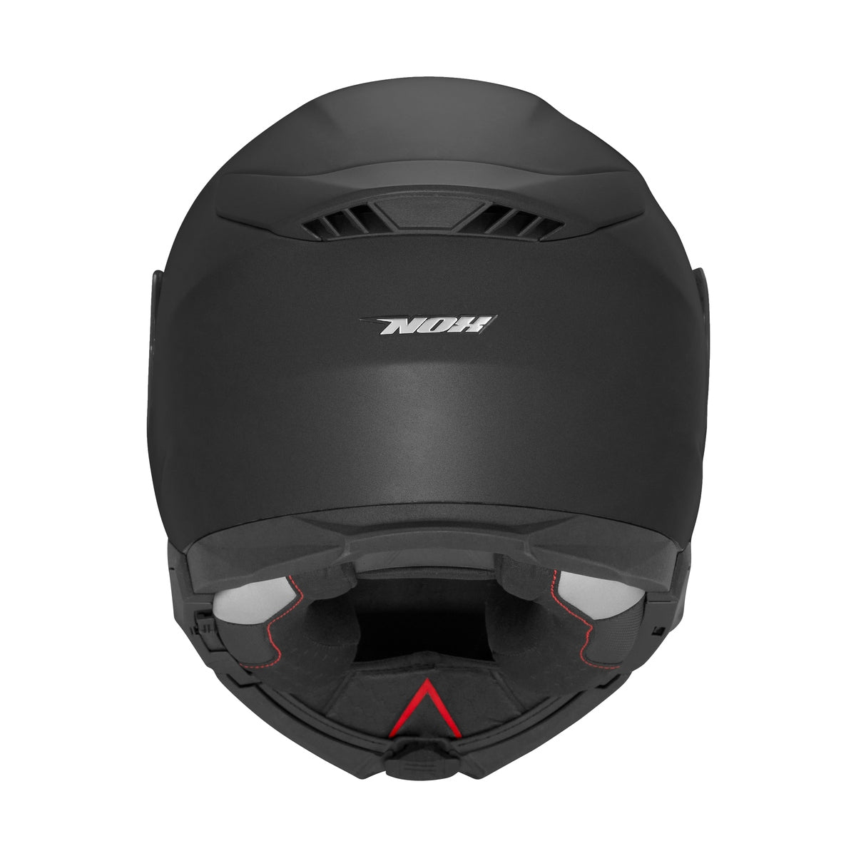 Casque modulable NOX N967 noir mat, vue arrière ventilations et logo NOX