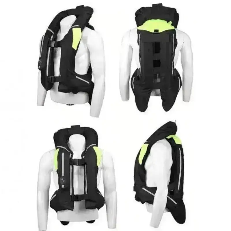 Gilet moto airbag noir gonflé présenté sous quatre angles sur mannequin