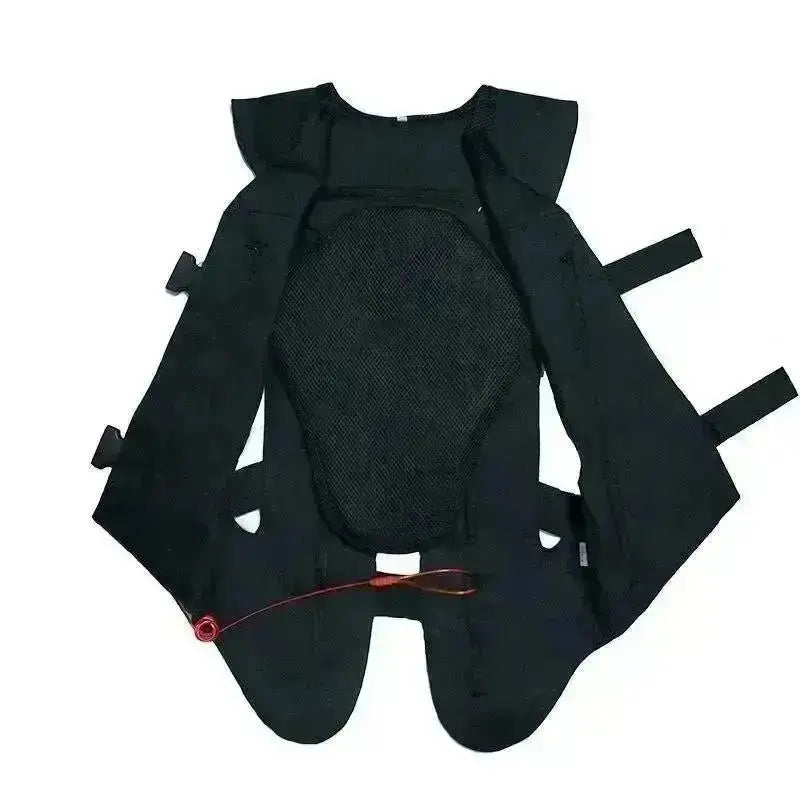 Gilet airbag moto noir dégonflé vu de dos, sangles réglables et dorsale amovible