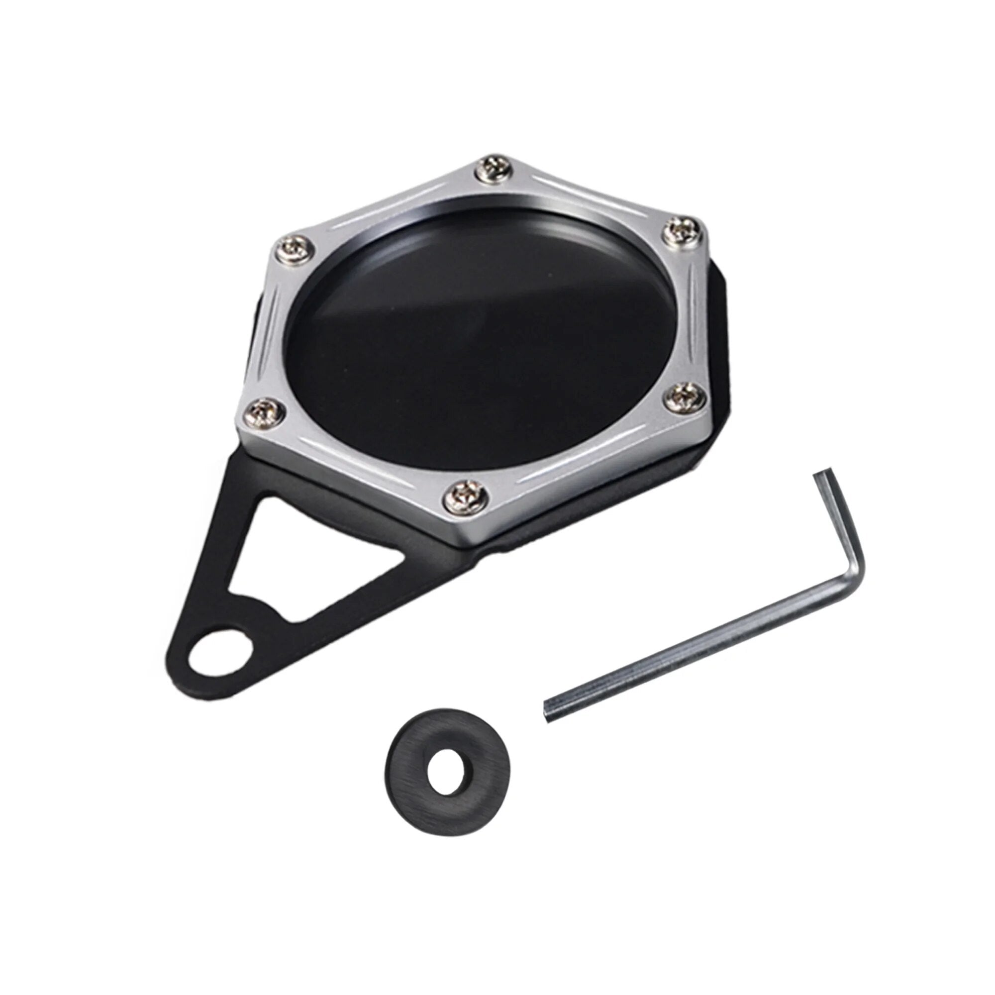 Porte-vignette assurance scooter hexagonal en aluminium argenté avec visserie et clé hexagonale - LE PRATIQUE DU MOTARD