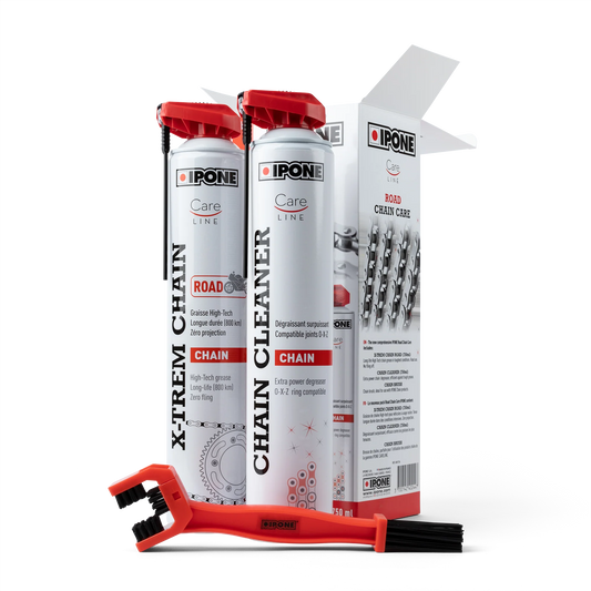 Pack Entretien Chaîne Moto Ipone — Chain Cleaner 750ml + Graisse X-TREM 750ml + Brosse