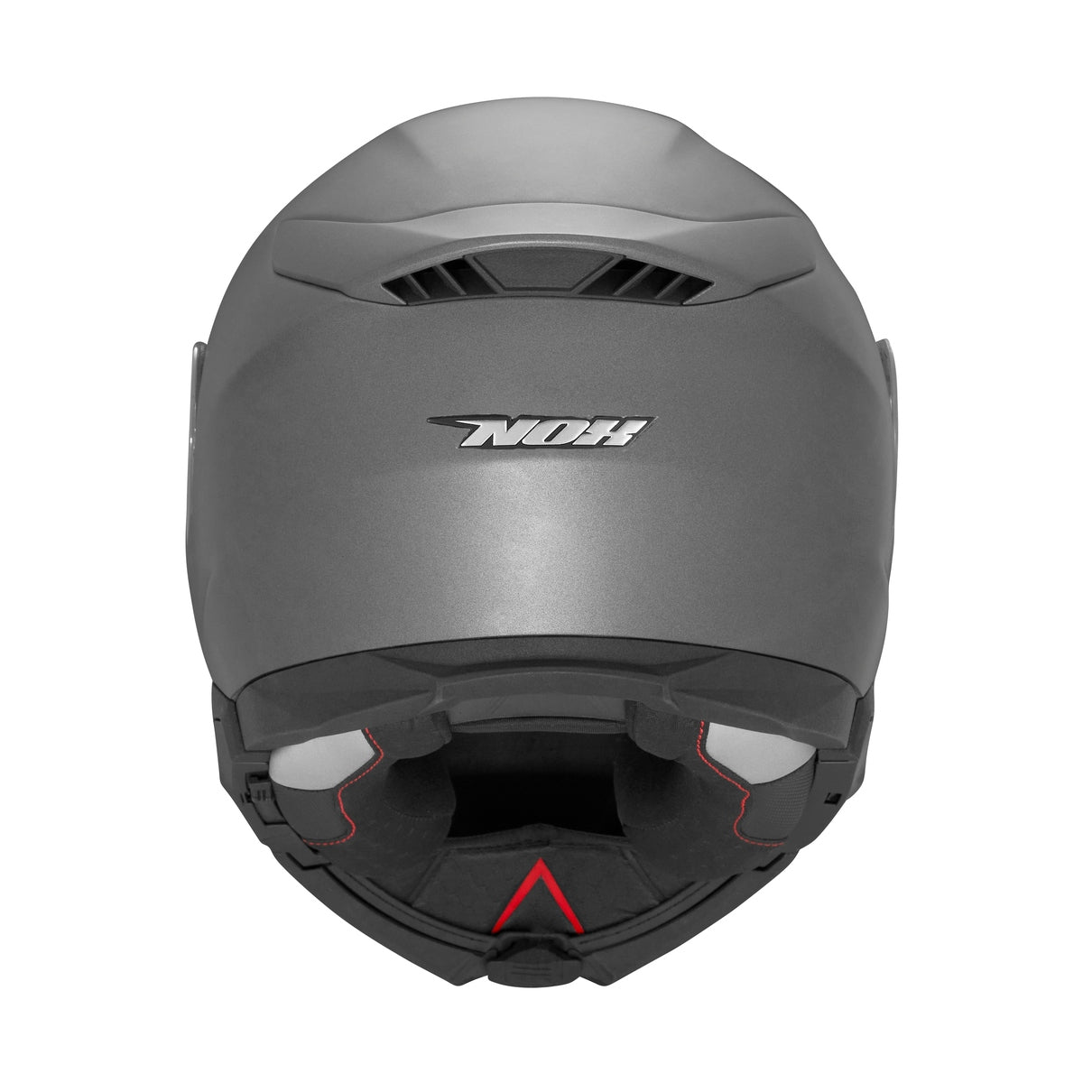 Vue arrière du casque modulable moto NOX N967 titanium mat, extracteur d'air et intérieur apparents