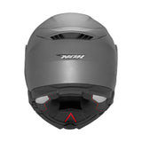 Vue arrière du casque modulable moto NOX N967 titanium mat, extracteur d'air et intérieur apparents