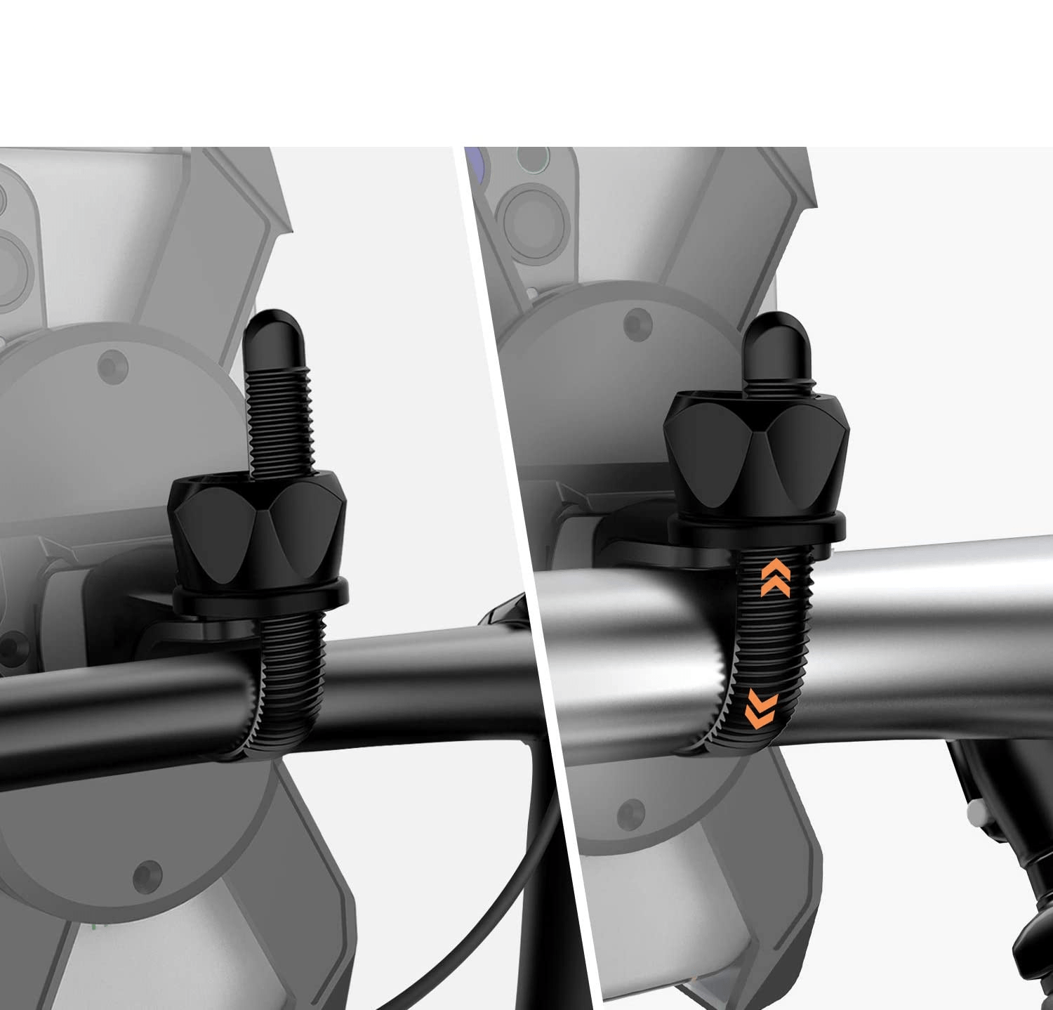 Détail de la fixation à visser du support téléphone moto sur guidon Harley, serrage anti-vibration