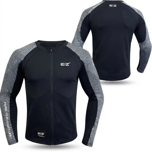 Veste moto été homme EIZOX vue avant et dos, manches grises et tissu mesh noir