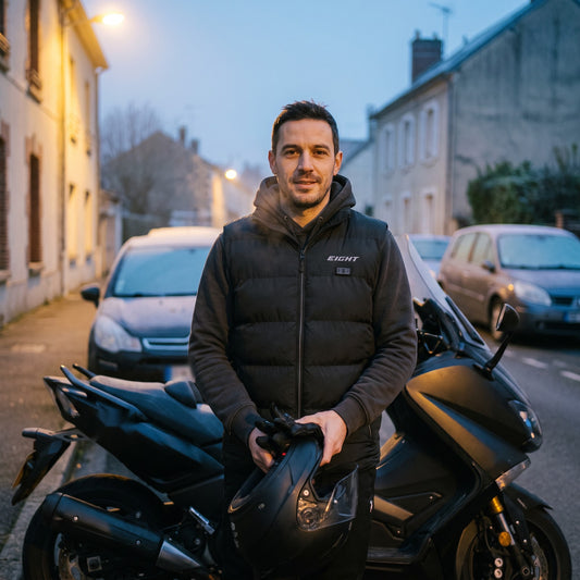 Scootériste au petit matin portant le gilet chauffant ARTIK sur son sweat, casque à la main