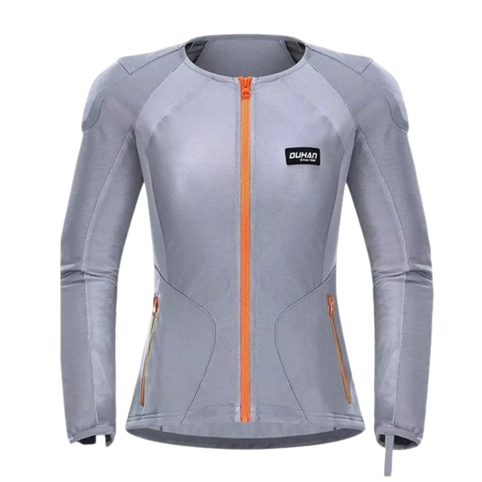 Gilet protection moto femme PRO-TEK gris vue de face, zip orange et coupe cintrée