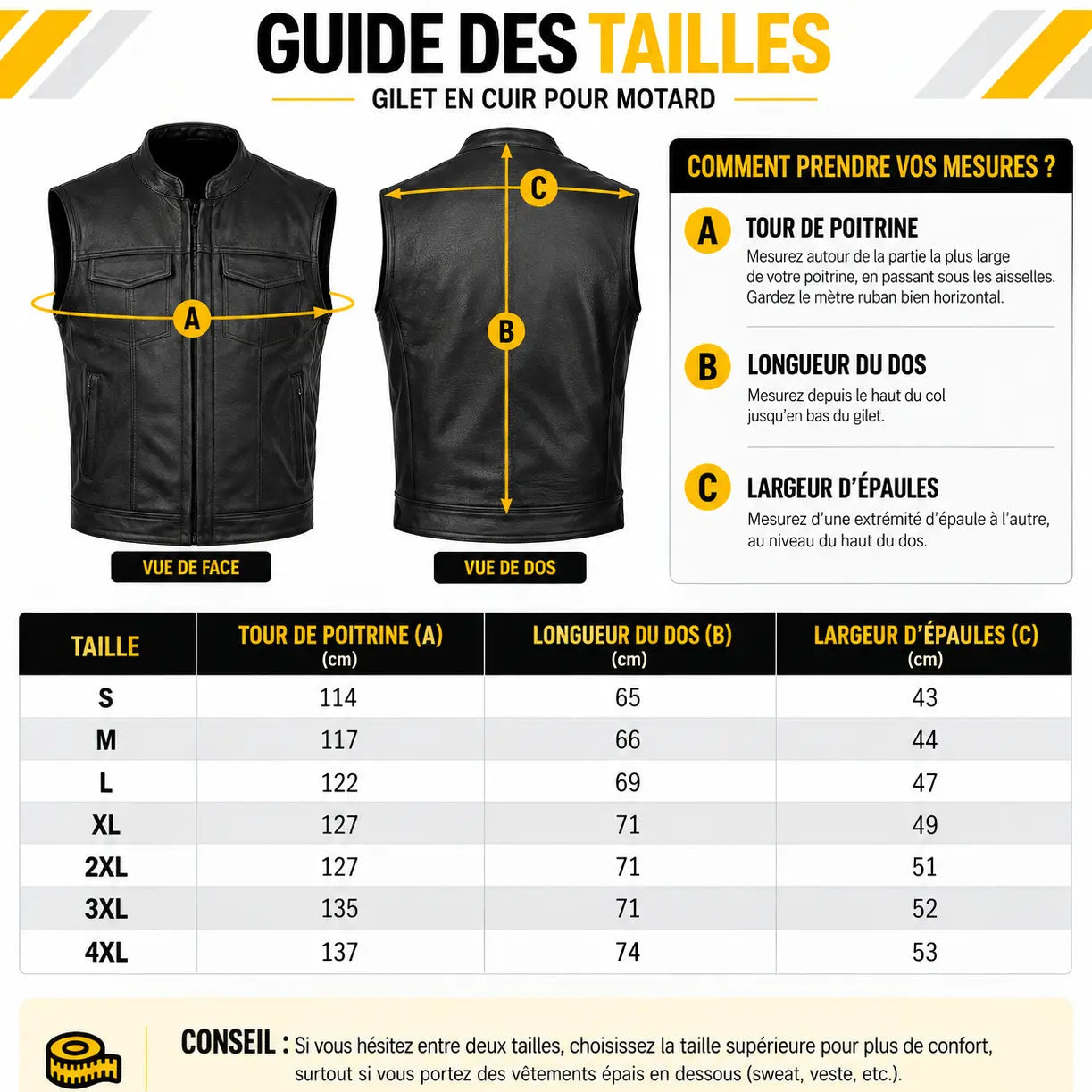 Guide des tailles gilet cuir moto SOA, mesures tour de poitrine en cm