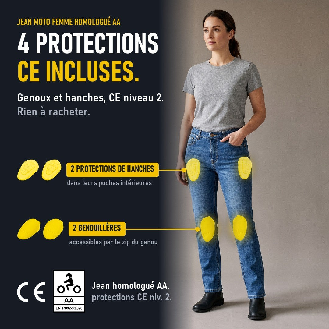 Jean moto femme homologué AA Asfalt : 4 protections CE niveau 2 incluses, 2 genouillères et 2 protections de hanches