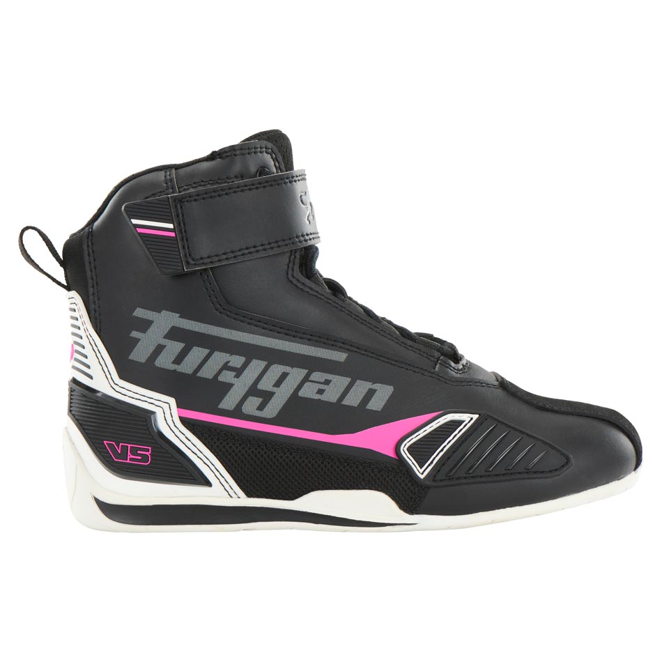 Baskets Moto Femme Homologuées CE | Furygan™ V5 D3O® Lady Noir Blanc Rose — vue trois quarts