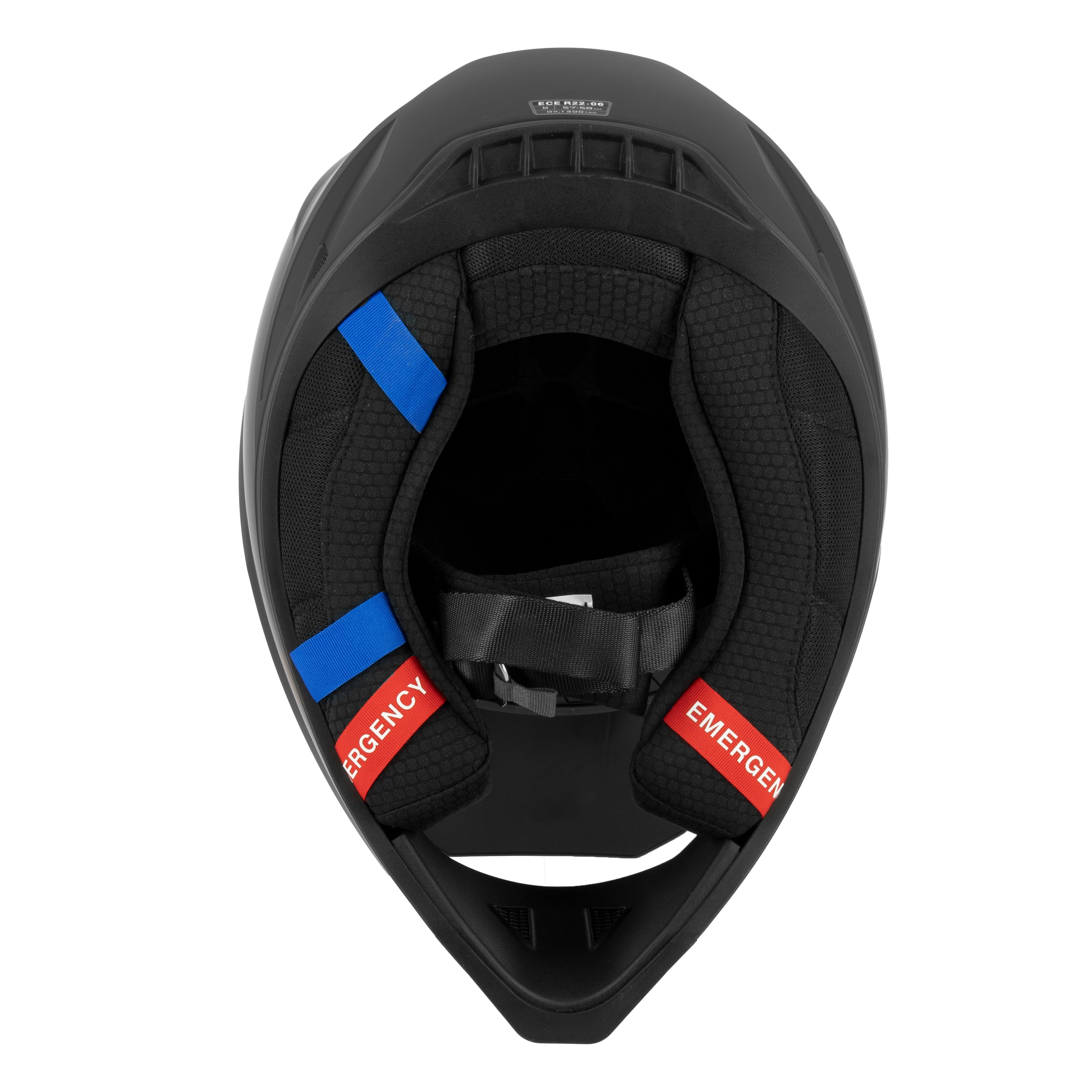 Casque cross Whip noir mat — vue de dessous, intérieur du casque