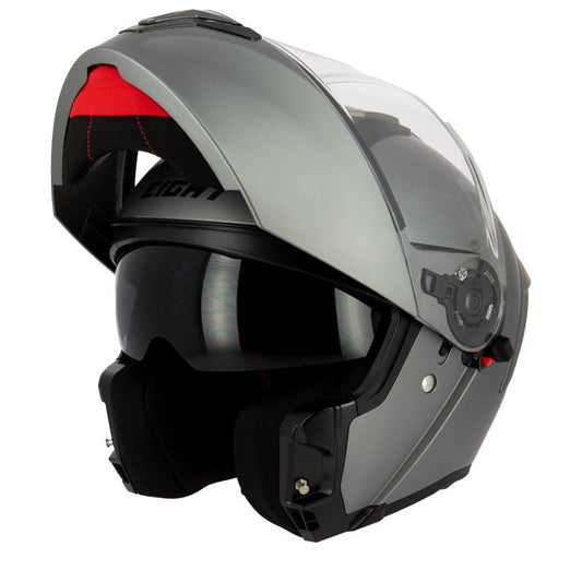 Casque modulable S551 Dual Face titane mat — vue trois-quarts avant, mentonnière relevée