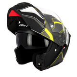 Casque modulable S551 Dual Face titane jaune fluo — vue trois-quarts avant, mentonnière relevée