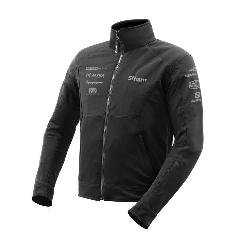 Blouson casual SPORT SQUAD noir — vue trois-quarts avant, logos sur la poitrine et la manche