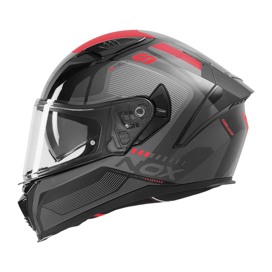 Vue trois quarts du casque intégral moto NOX N402 Mentor noir rouge, déco graphique