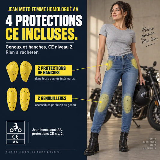 Jean Moto Femme Homologué AA — Coques Genoux et Hanches Incluses | ASFALT™