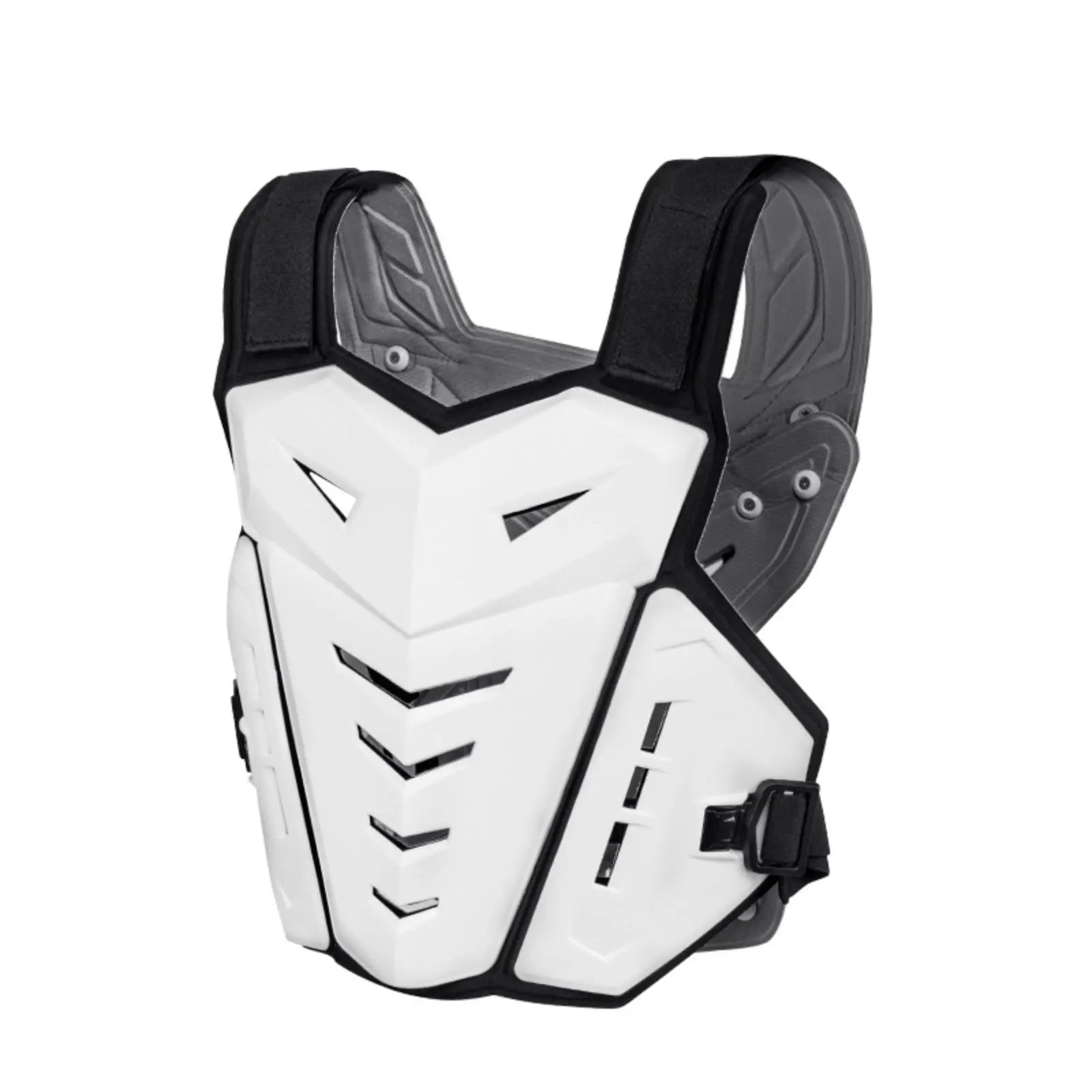 Pare pierre moto cross MX-DRAG blanc, vue trois quarts du plastron pectoral