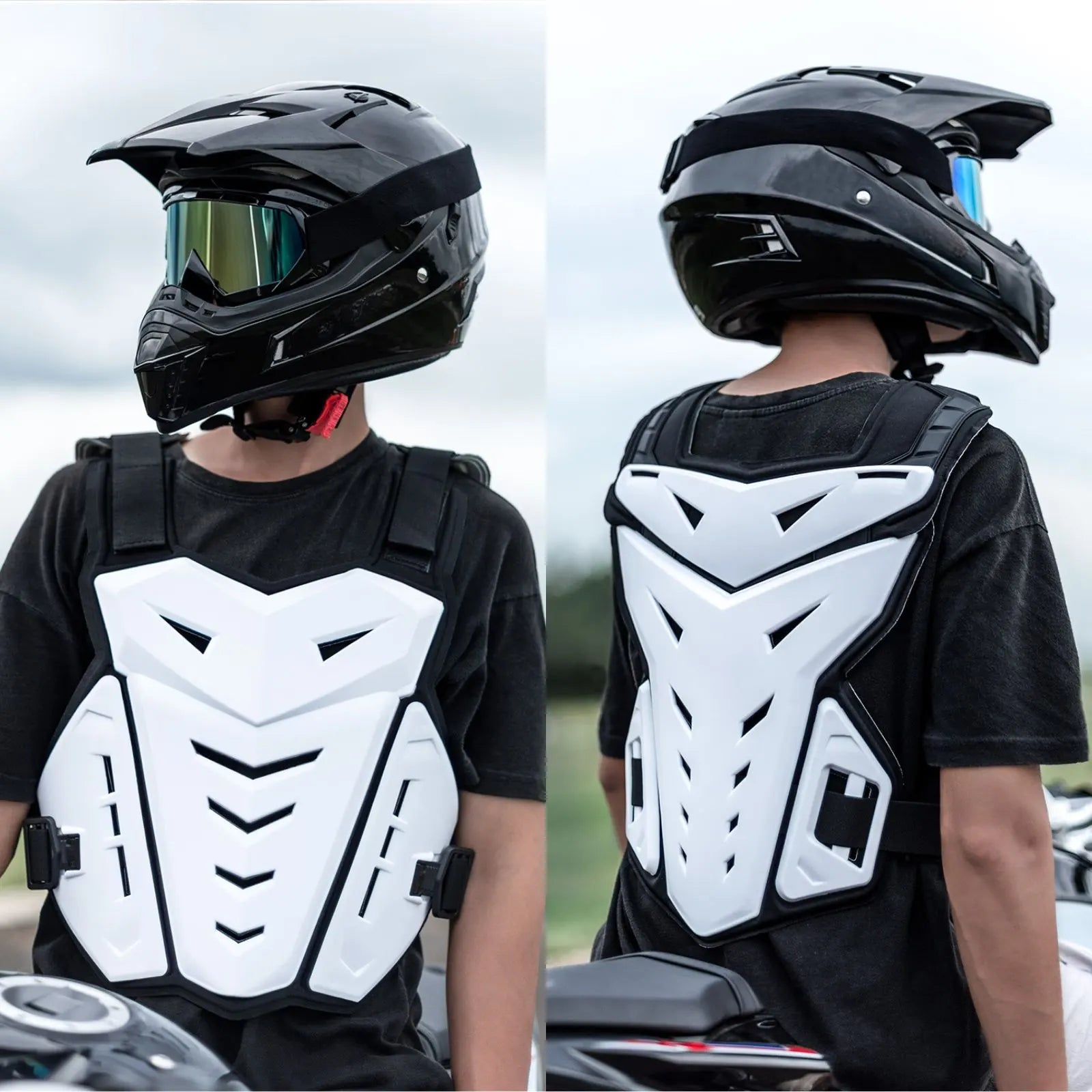 Plastron moto cross blanc porté, vues de face et de dos avec protection dorsale