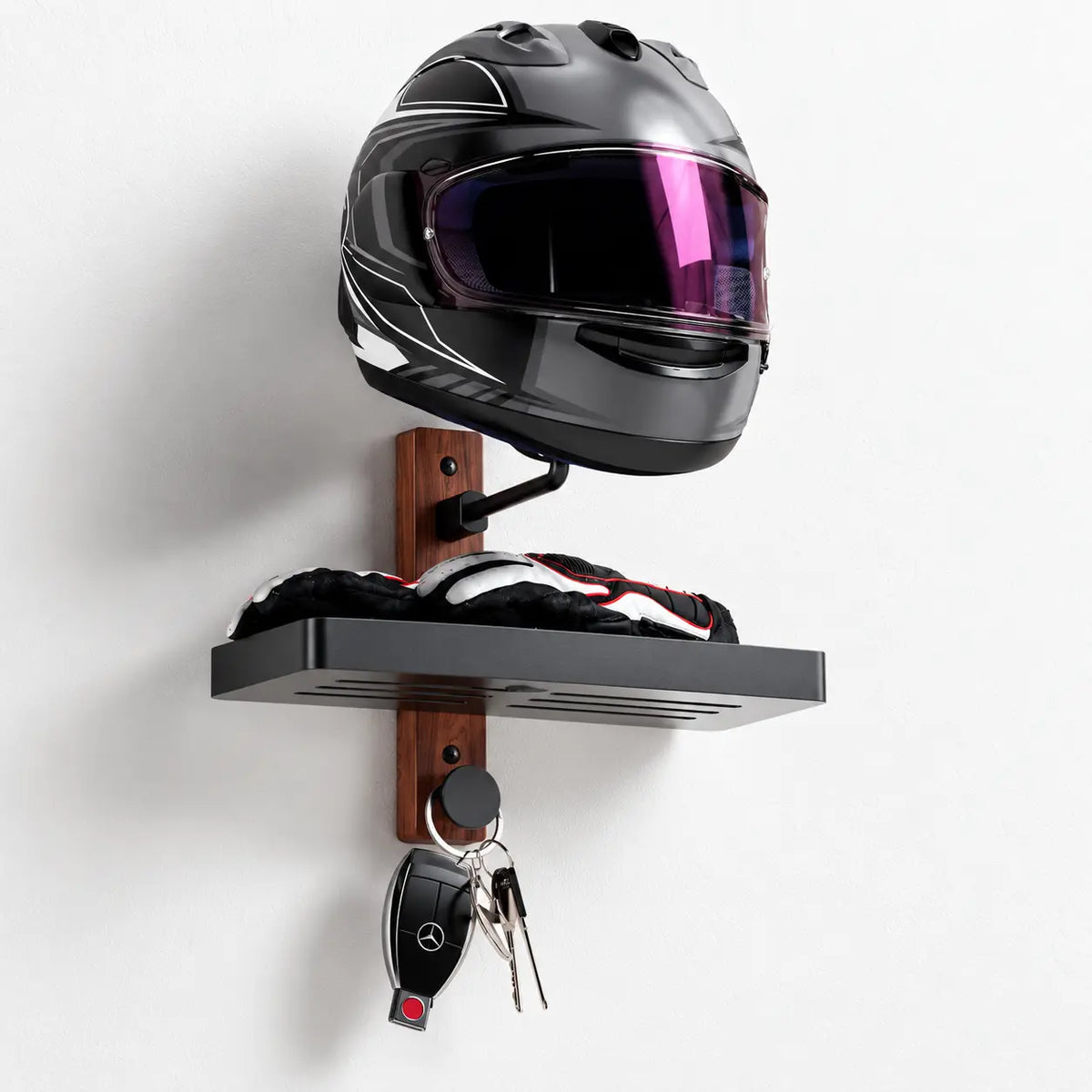 Support de casque moto mural en acier inoxydable et bois, vue de face