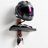 Support de casque moto mural en acier inoxydable et bois, vue de face