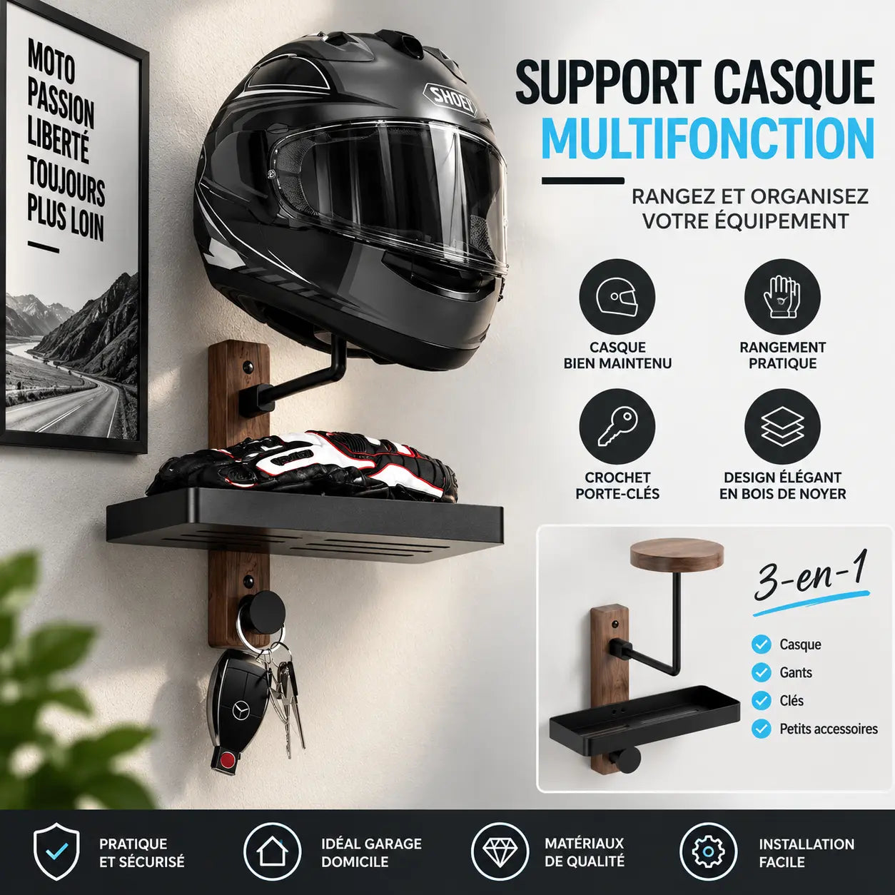 Support casque mural installé dans un garage moto, vue d'ensemble
