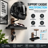 Support casque mural installé dans un garage moto, vue d'ensemble