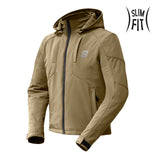 Blouson moto CIRRUS sable — vue trois-quarts avant, capuche en place
