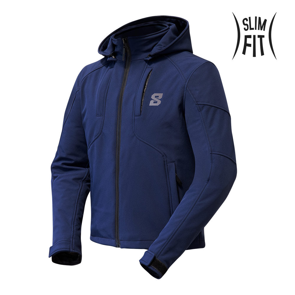 Blouson moto CIRRUS bleu — vue trois-quarts avant, capuche en place