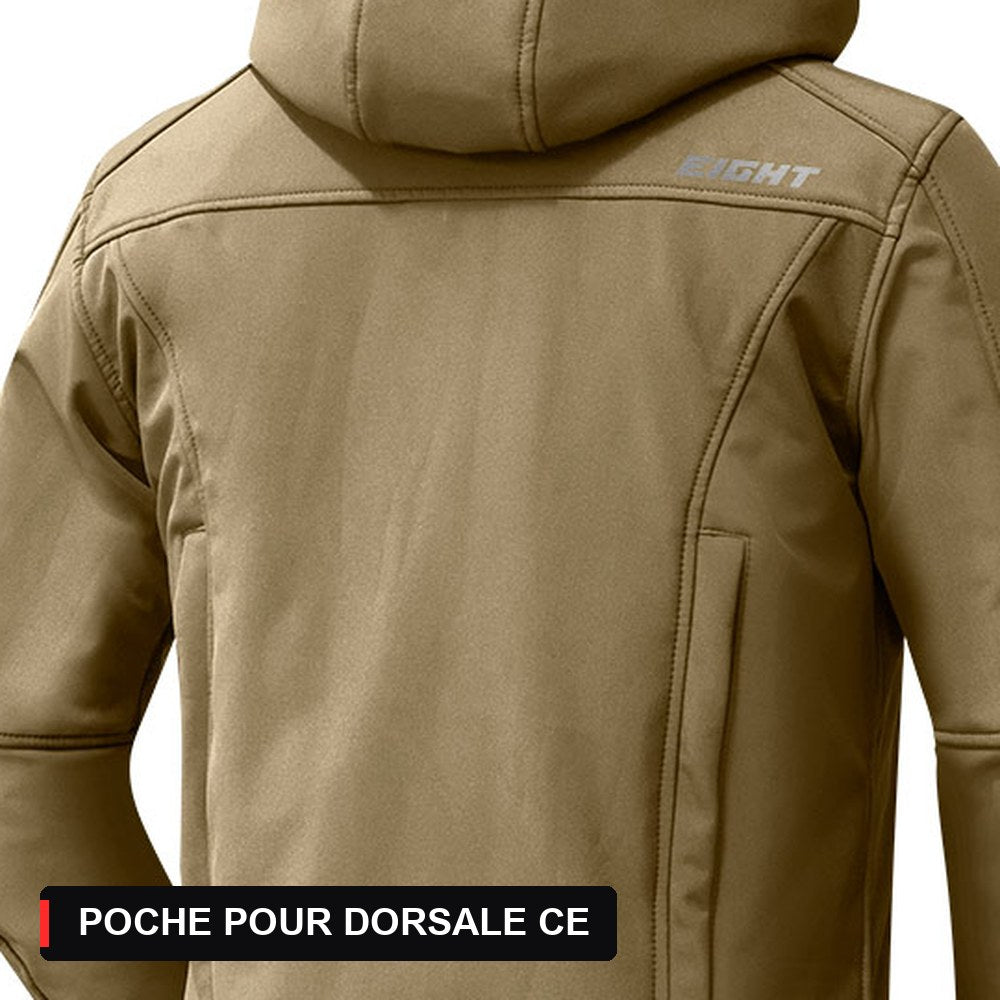 Blouson moto urbain sable vu de dos : poche intérieure prévue pour une dorsale CE