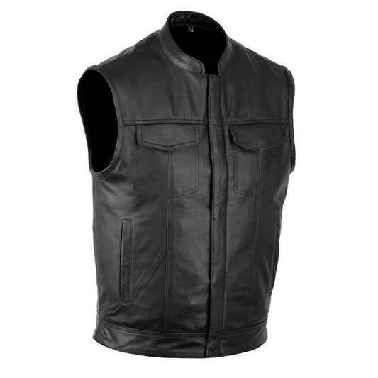 Gilet cuir moto SOA sans manche noir, vue de face avec fermeture zip YKK