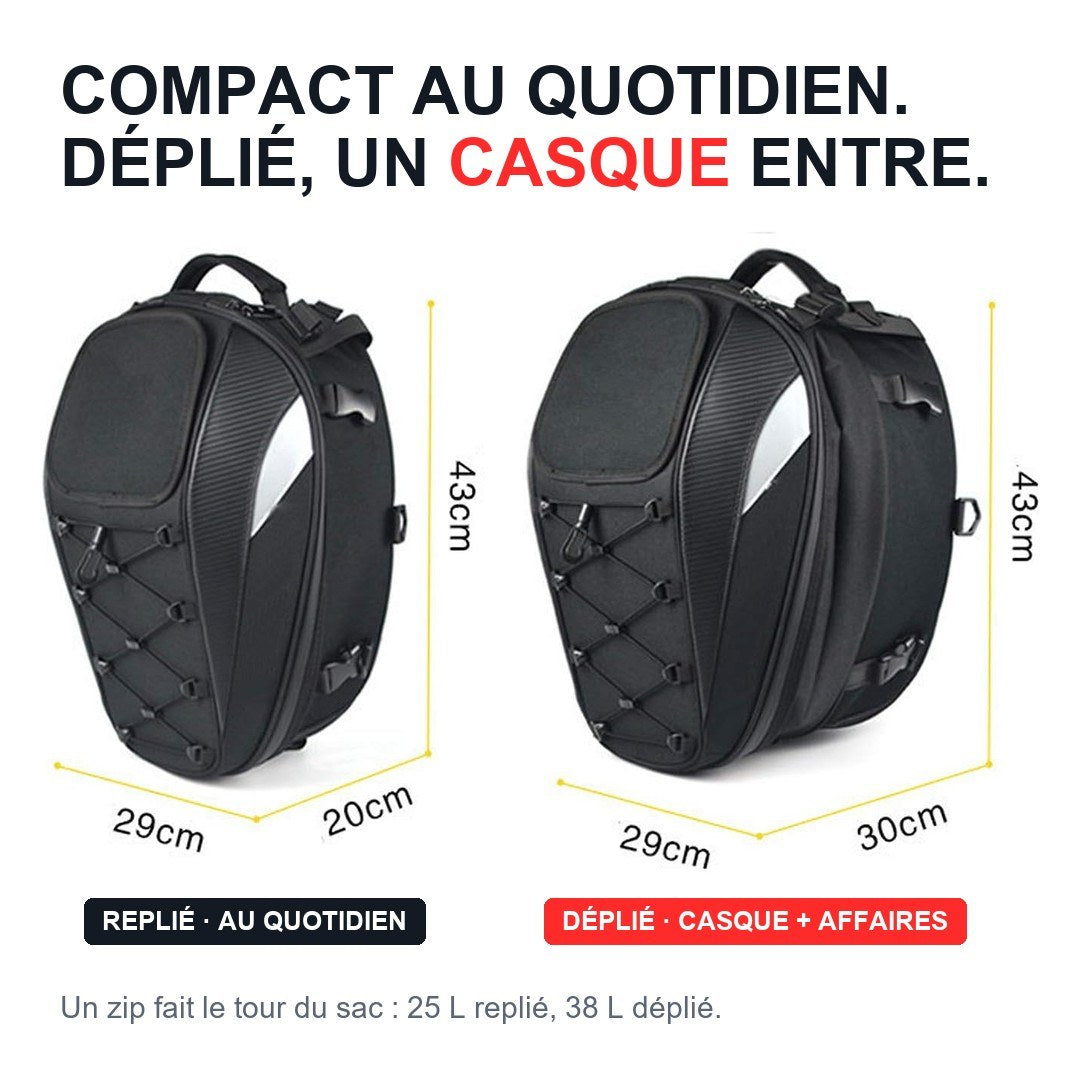 Le sac replié au quotidien, puis déplié pour un casque et des affaires : 25 puis 38 litres
